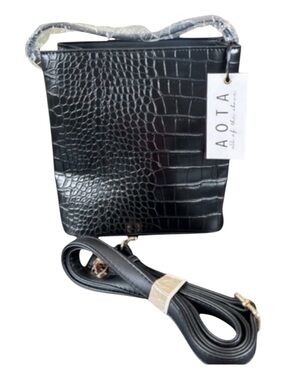 REVOLVE AOTA Elena Bucket Bag, Black Crocodile Vegan Leather, 2 Available.